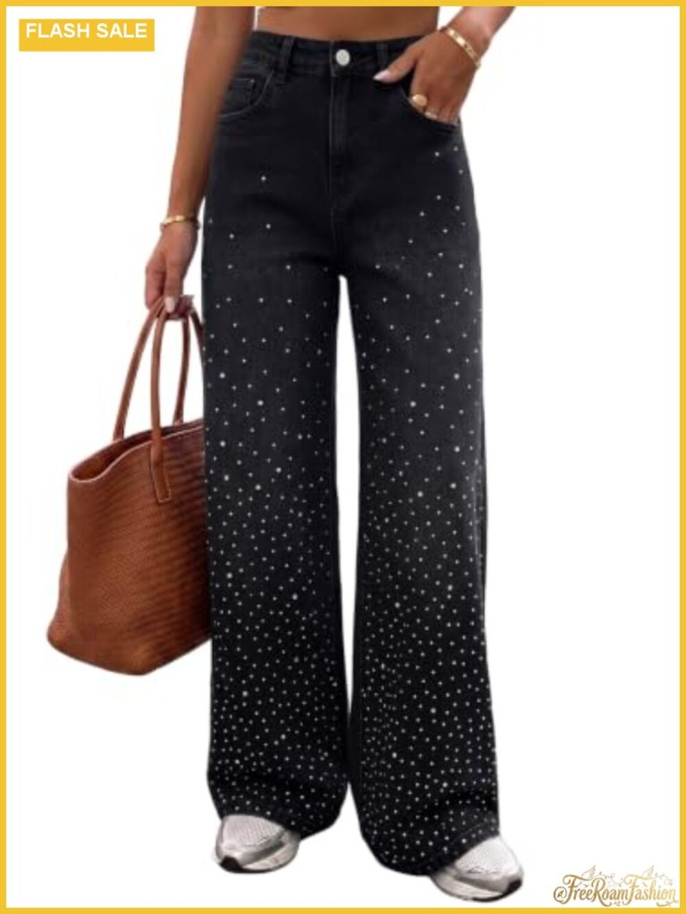 Wide Leg Rhinestone Stretchy High Rise Baggy Denim Jeans Womens Trendy